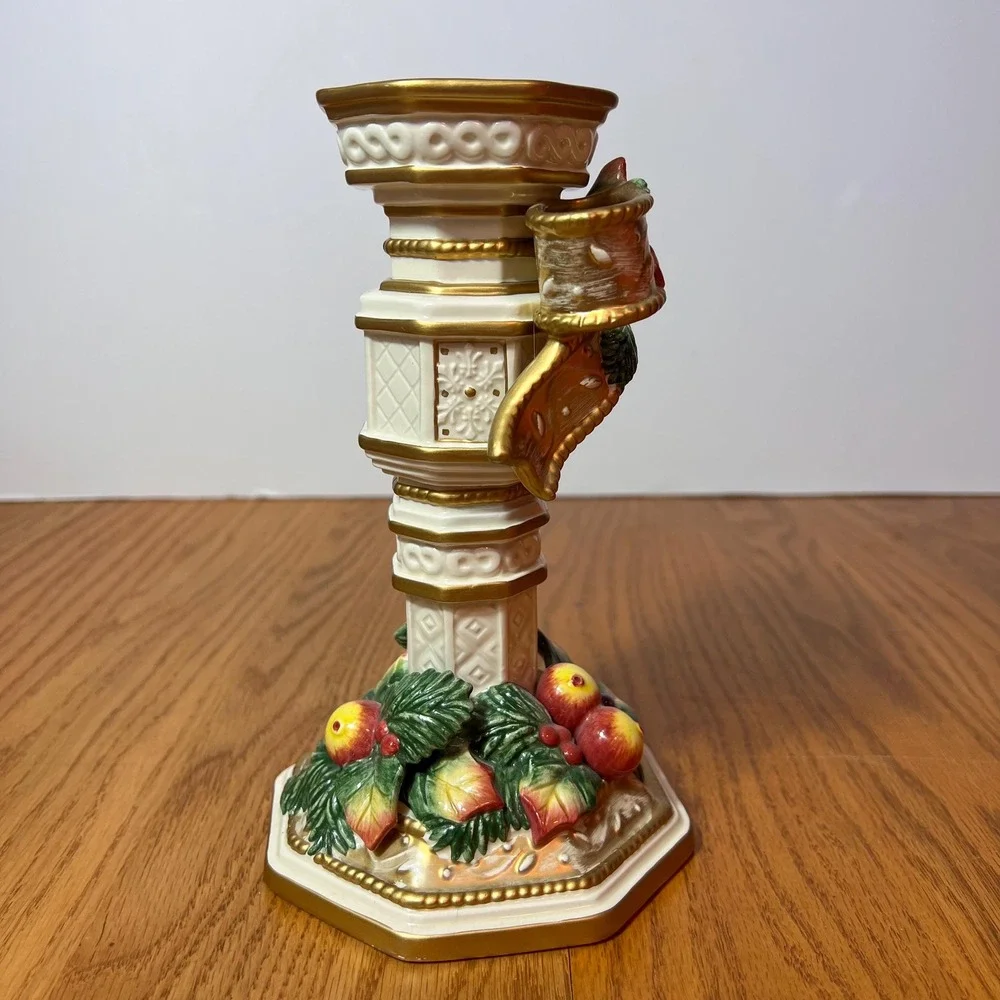 Vintage Fitz & Floyd Classics Christmas Taper Candle Holder Holly Fruit Gold 10